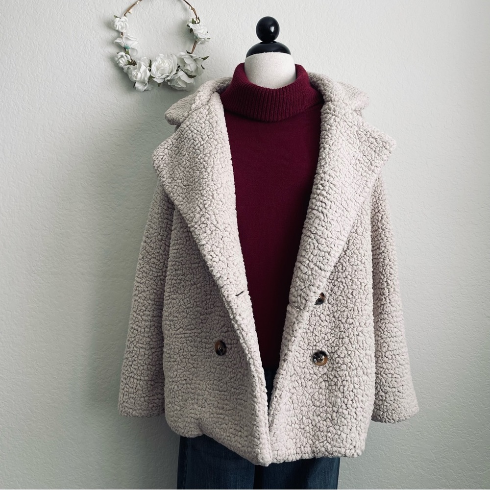 Zeagoo Beige/Cream Double-Breasted Faux Fur Teddy Coat - Picture 10 of 12